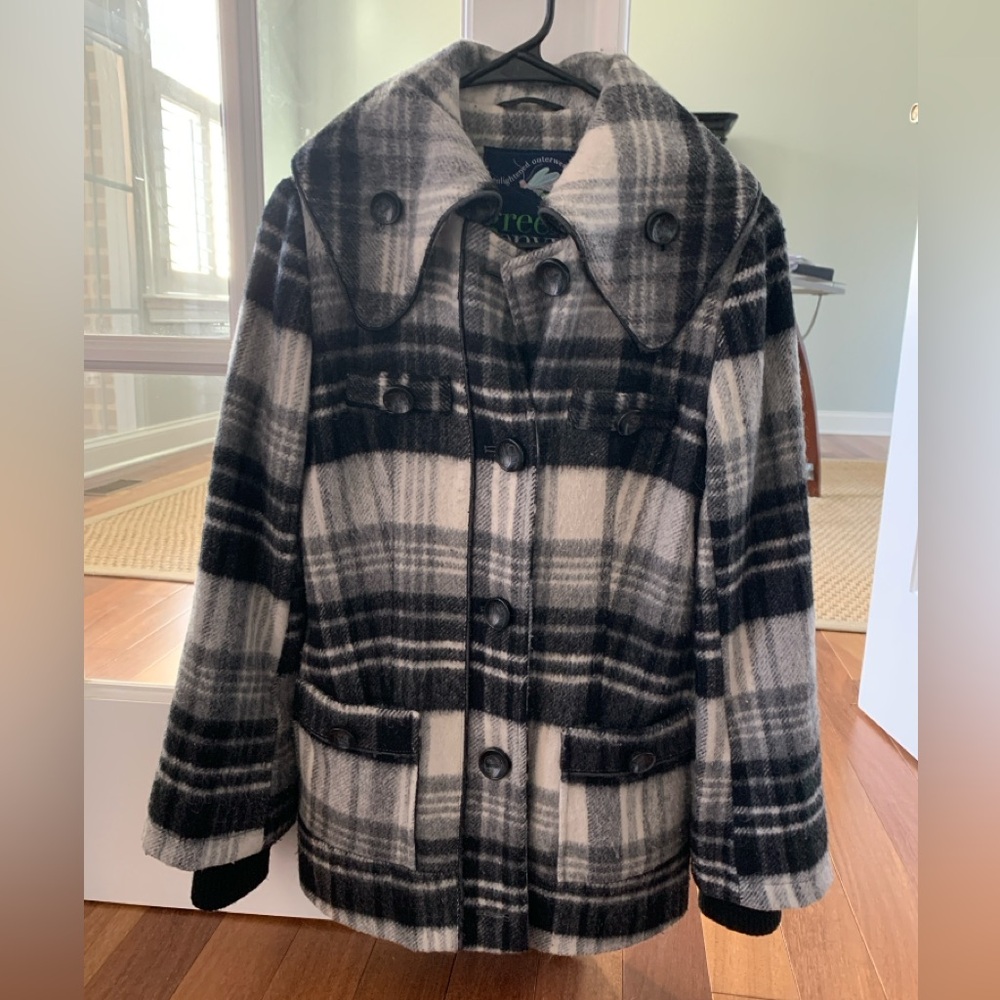 Green With Envy Wool Plaid Pea Coat Size Small EUC